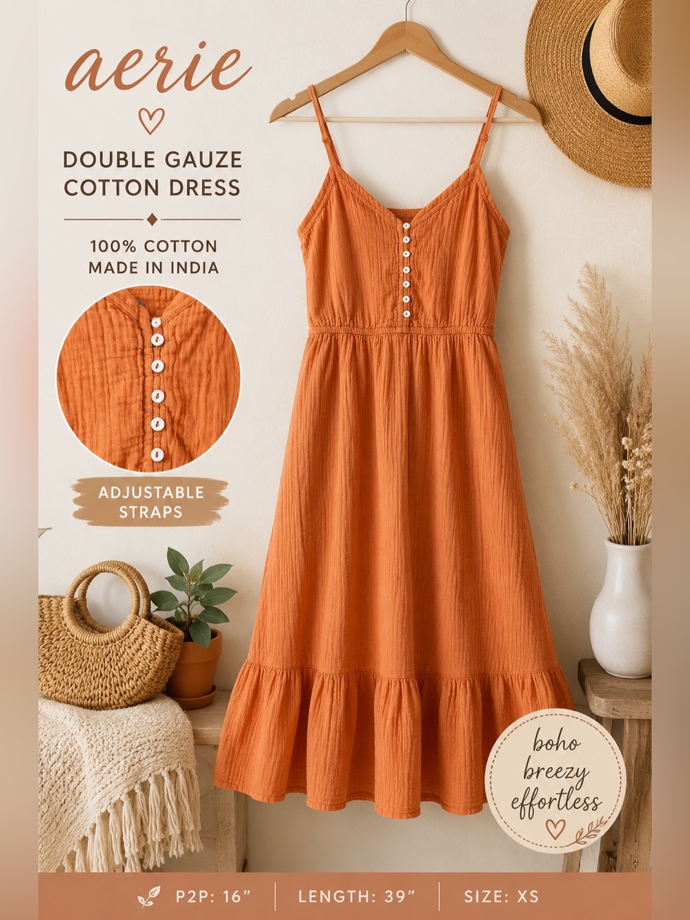 Aerie Orange Double Gauze Cotton Button Front Midi Dress XS Boho Cottagecore